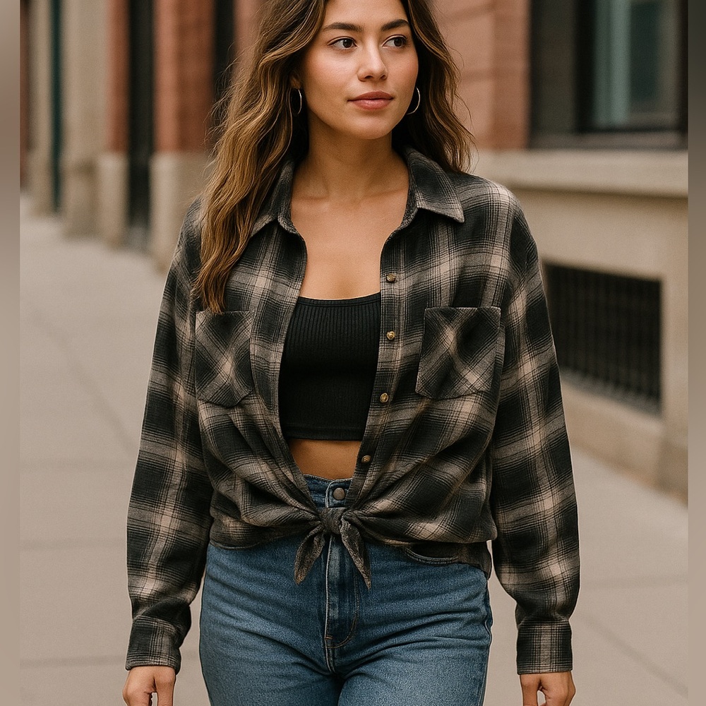 Tommy Hilfiger Black and‎ Gray Plaid Button-Down Shirt boho preppy grunge